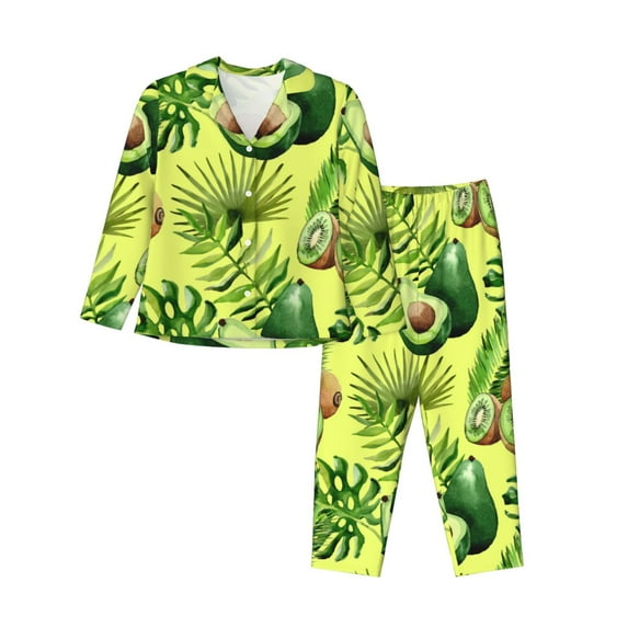 Kll Kiwi And Avocado Print Women'S Long Sleeve Pajamas With Pants Sleepwear Loungewear 2 Set-Small