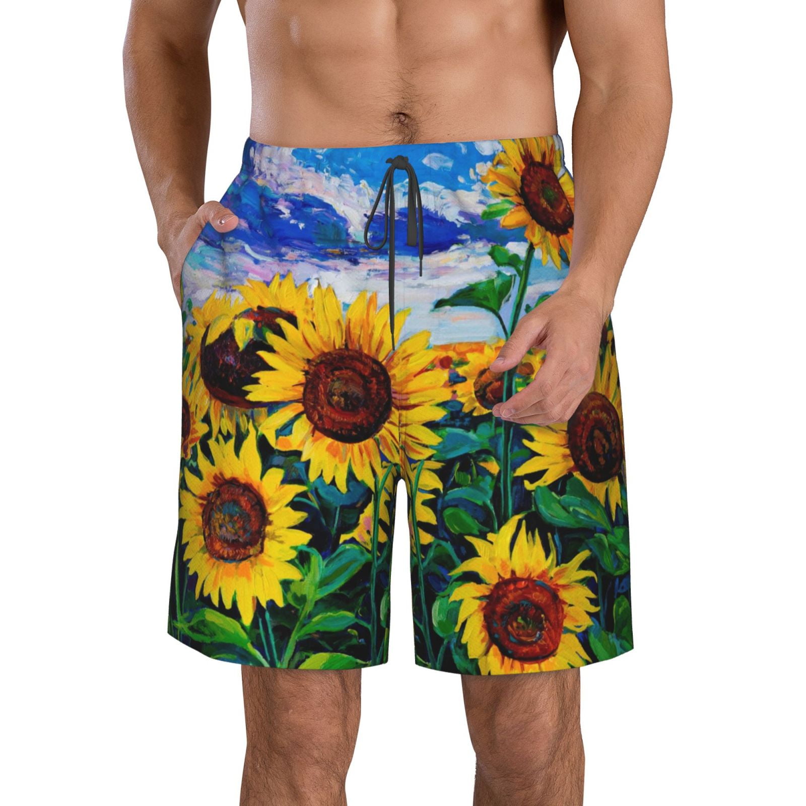 Kll Landscape With Sunflowers Men'S Casual Summer Beach Shorts Hawaiian ...