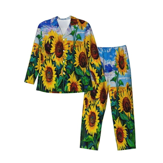 Kll Landscape With Sunflowers Sleepwear Mens Flannel Pajamas,Long Cotton Pj Set