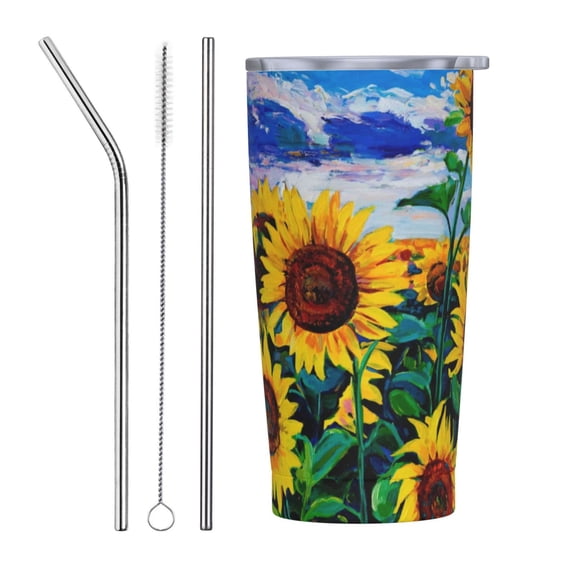 Kll Landscape With Sunflowers Stainless Stainless Steel Vacuum Insulated Coffee Cup 20 Oz Lids And Straws,1 Metal Straws,1 Cleaning Brush