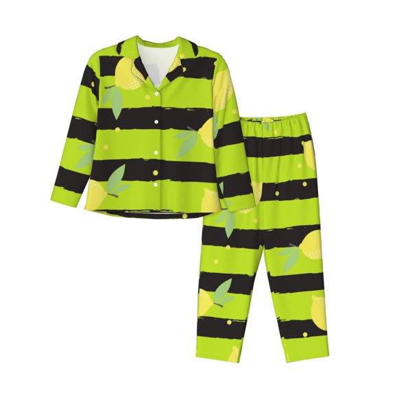 Kll Lemon Print Women'S Long Sleeve Pajamas With Pants Sleepwear Loungewear 2 Set-Medium