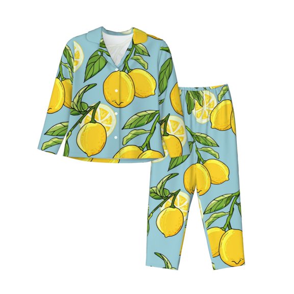 Kll Lemon Print Women'S Long Sleeve Pajamas With Pants Sleepwear Loungewear 2 Set-Small