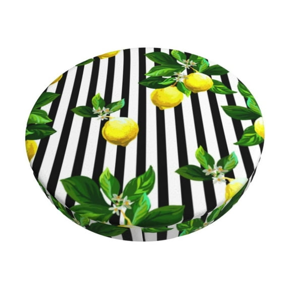 Kll Lemons On Striped Round Bar Chair Cushion Cover 14 Inch,Bar Stool Protector With Elastic, Soft Washable