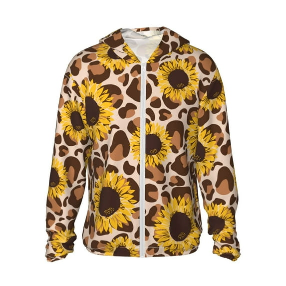 Kll Leopard Sunflowers Print Men'S Women’s Upf 50+ Sun Protection Outdoor Hoodie Jacket Long Sleeve Fishing Hiking Performance Shirt- Large