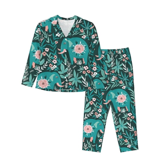 Kll Lephants In The Jungle Print Women'S Long Sleeve Pajamas With Pants Sleepwear Loungewear 2 Set-Medium