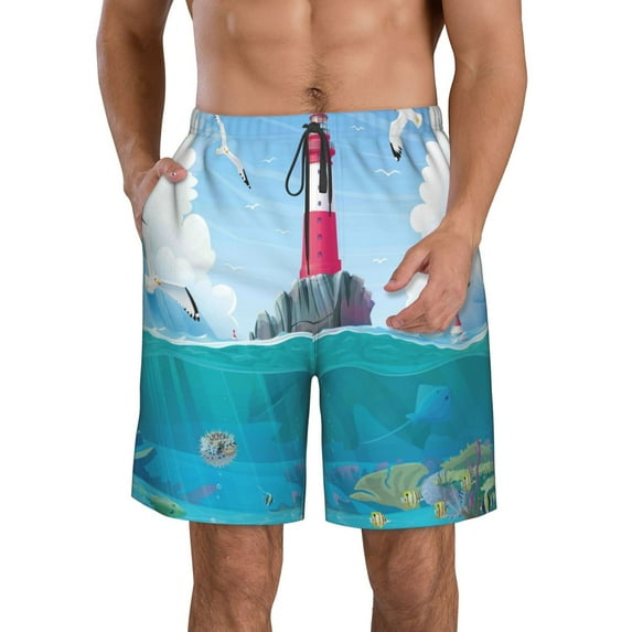 Kll Lighthouse Sea Port Men'S Casual Summer Beach Shorts Hawaiian Shorts With Pockets-Large