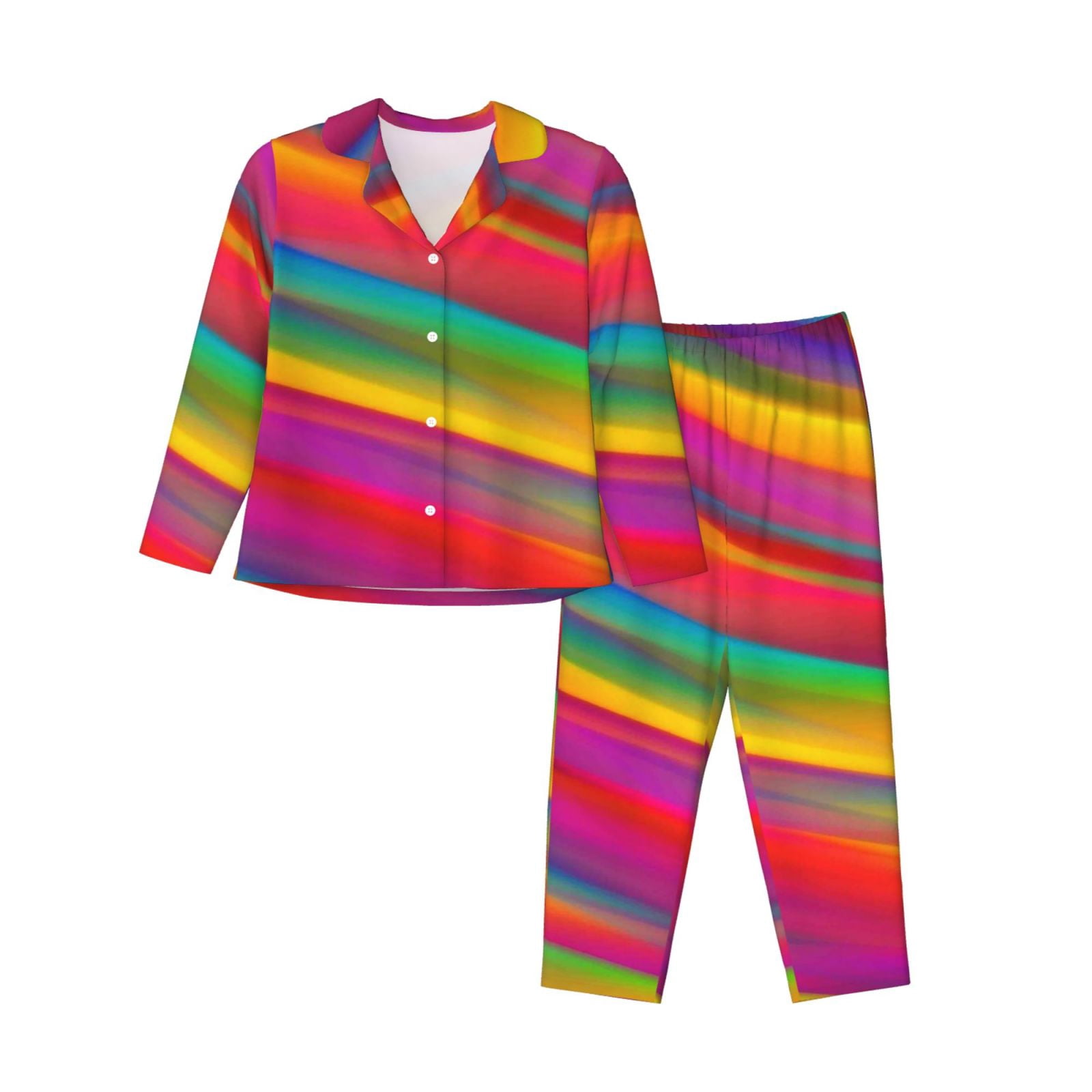 Kll Lines Multicolored Rainbow Print Women'S Long Sleeve Pajamas With ...