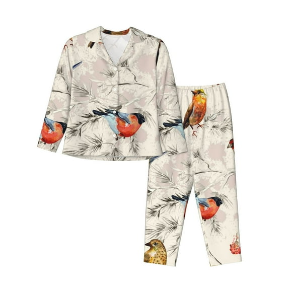 Kll Little Birds Print Women'S Long Sleeve Pajamas With Pants Sleepwear Loungewear 2 Set-Small