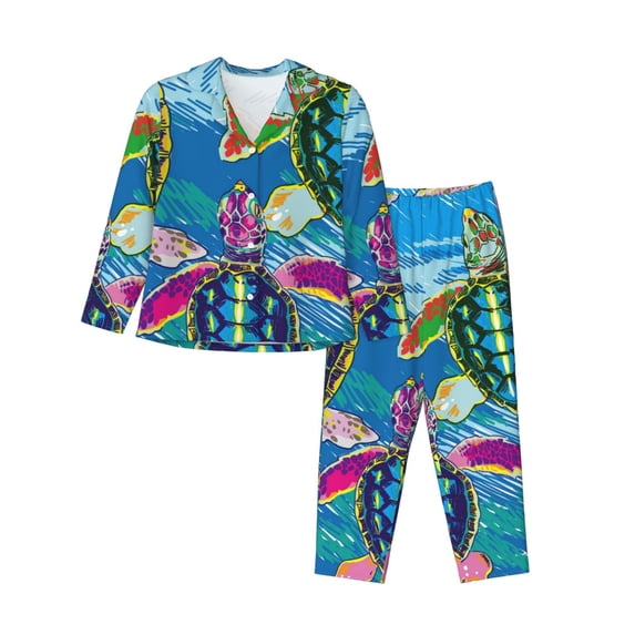 Kll Little Sea Turtles Print Women'S Long Sleeve Pajamas With Pants Sleepwear Loungewear 2 Set-Medium