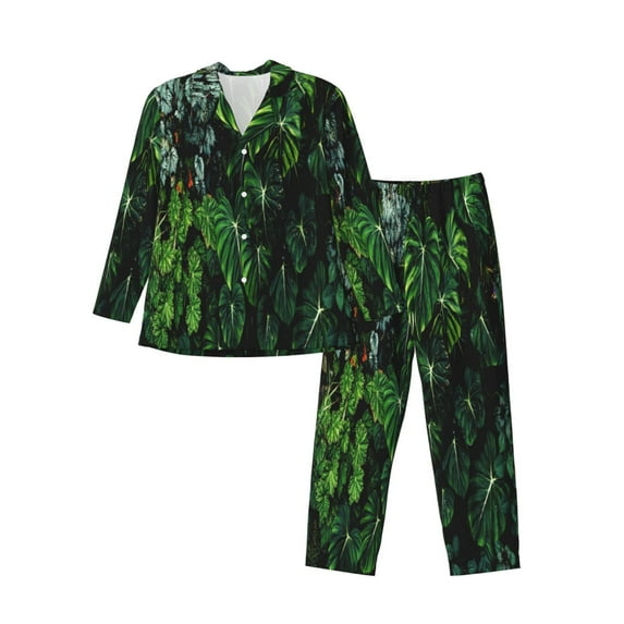 Kll Lush Foliage Green Plant Sleepwear Mens Flannel Pajamas,Long Cotton Pj Set