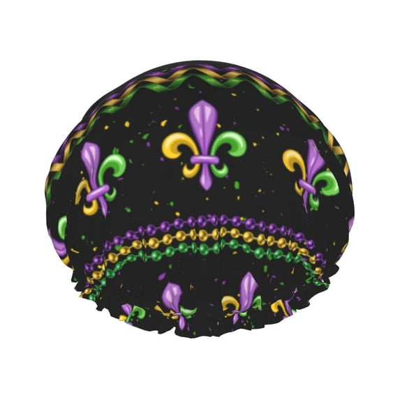 Kll Mardi Gras Fleur De Lis Pattern Shower Cap & Bath Cap For Women,Reversible Oversized Waterproof Shower Caps For All Hair Lengths,Elastic Reusable Bathing Hair Cap