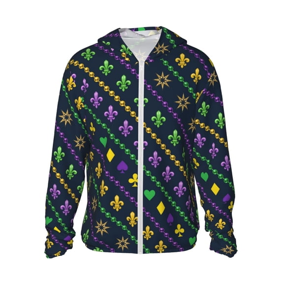 Kll Mardi Gras Strings Of Beads Print Men'S Women’s Upf 50+ Sun Protection Outdoor Hoodie Jacket Long Sleeve Fishing Hiking Performance Shirt- 3x-Large