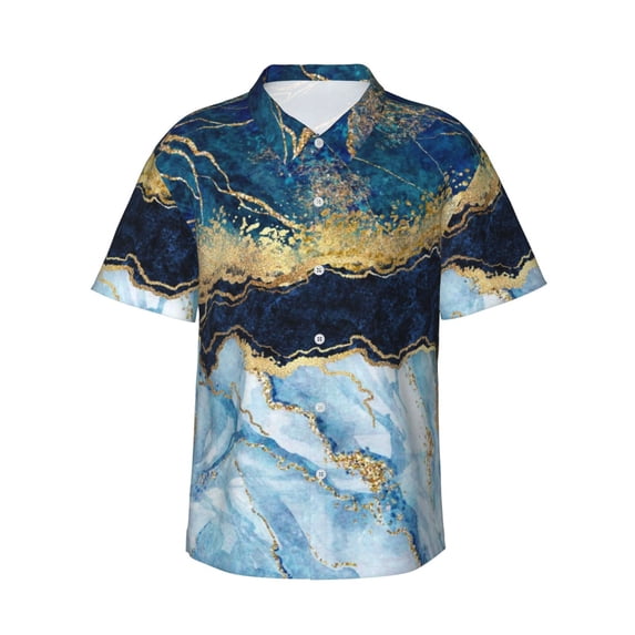 Kll Men'S Hawaiian Shirt Short Sleeve Button Down Beach Shirts-Blue Marble Gold Foil And Glitter Decor