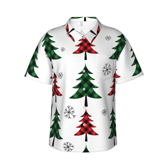 Kll Men'S Hawaiian Shirt Short Sleeve Button Down Beach Shirts-Buffalo Plaid Christmas Trees