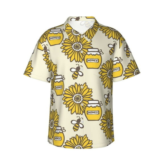 Kll Men'S Hawaiian Shirt Short Sleeve Button Down Beach Shirts-Cartoon Honey Pot Bee Sunflower