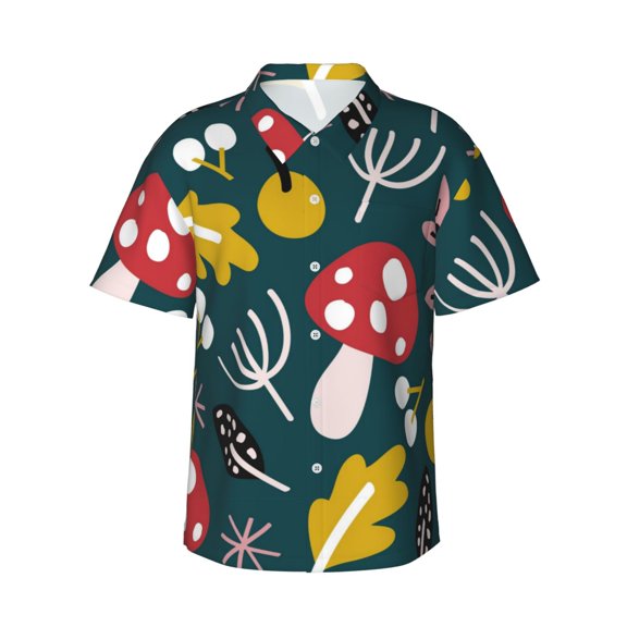 Kll Men'S Hawaiian Shirt Short Sleeve Button Down Beach Shirts-Cartoon Leaf Mushroom Red