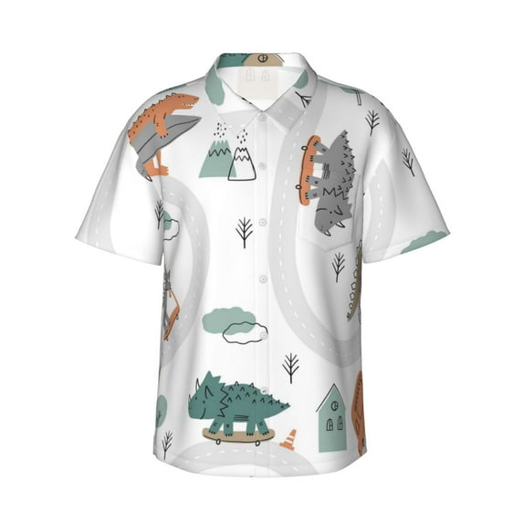 Kll Men'S Hawaiian Shirt Short Sleeve Button Down Beach Shirts-Dino On A Skateboard Surf