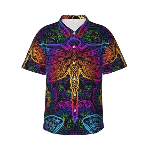 Kll Men'S Hawaiian Shirt Short Sleeve Button Down Beach Shirts-Indian Mandalas Dragonfly