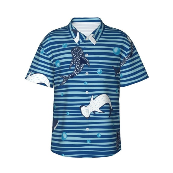 Kll Men'S Hawaiian Shirt Short Sleeve Button Down Beach Shirts-Sharks On White Blue Striped