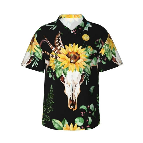 Kll Men'S Hawaiian Shirt Short Sleeve Button Down Beach Shirts-Sunflower Skull Boho Watercolor Background