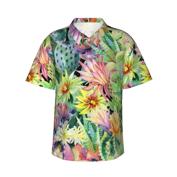 Kll Men'S Hawaiian Shirt Short Sleeve Button Down Beach Shirts-Watercolor Blooming Cactus