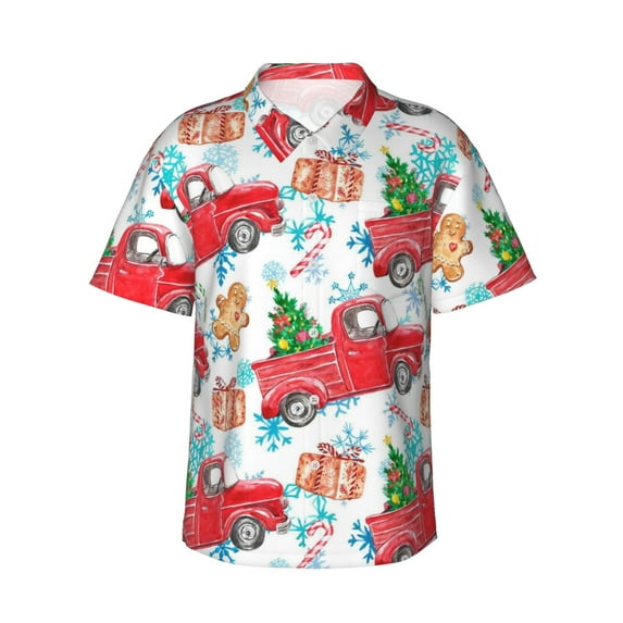 Kll Men'S Hawaiian Shirt Short Sleeve Button Down Beach Shirts-Watercolor Red Truck And Fir Tree