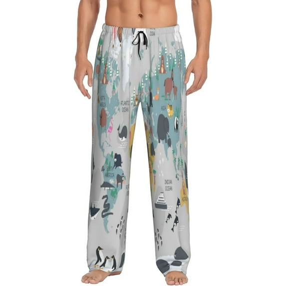 Kll Mens Pajama Pants For Men,Mens Lounge Pants,Funny Gifts For Men,Men'S Pajama Bottoms-The World Map With Cartoon Animals