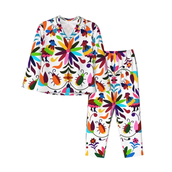 Kll Mexican Bright Style Print Women'S Long Sleeve Pajamas With Pants Sleepwear Loungewear 2 Set-Small