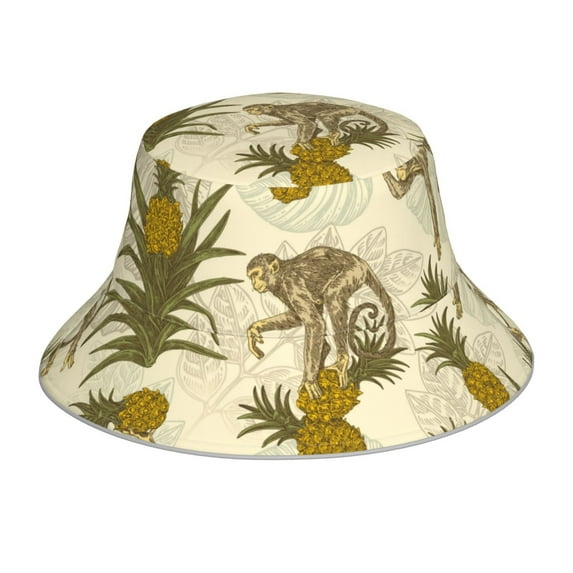 Kll Monkeys And Pinealpples Bucket Hat For Women Men Packable Travel Beach Sun Hat Outdoor Rave Accessories Reflective Fisherman Cap