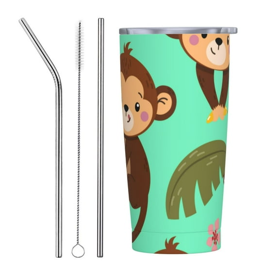 Kll Monkeys Swinging From Palms Stainless Steel Vacuum Insulated Coffee Cup 20 Oz Insulated Travel Mug Water Cup With Leak-Proof Straw Lid & Flip Lid,1 Metal Straws,1 Cleaning Brush