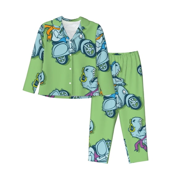 Kll Motorcycle Riding Dinosaur Print Women'S Long Sleeve Pajamas With Pants Sleepwear Loungewear 2 Set-Medium