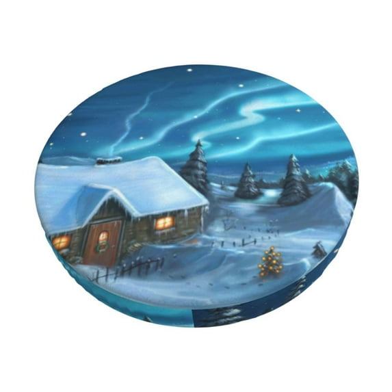 Kll Mountain Cottage In Snow And Northern Lights Round Bar Chair Cushion Cover 14 Inch,Bar Stool Protector With Elastic, Soft Washable