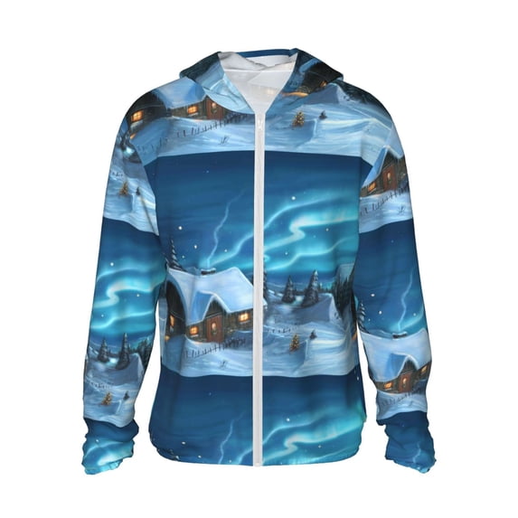 Kll Mountain Cottage In Snow Print Men'S Women’s Upf 50+ Sun Protection Outdoor Hoodie Jacket Long Sleeve Fishing Hiking Performance Shirt- Large