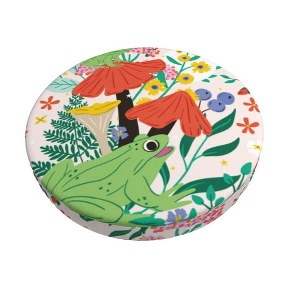 Kll Mushroom And Frogs Round Bar Chair Cushion Cover 13 Inch,Bar Stool Protector With Elastic, Soft Washable