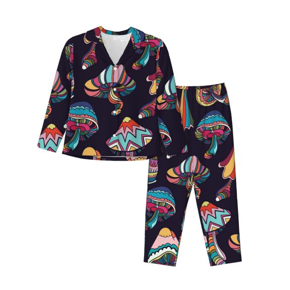 Kll Mushroom Doodle Print Women'S Long Sleeve Pajamas With Pants Sleepwear Loungewear 2 Set-Small
