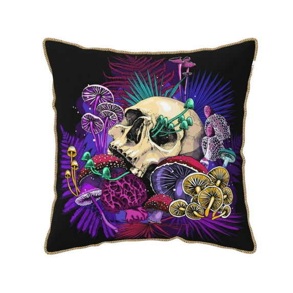 Kll Mushrooms And Skull Decorative Throw Pillow Covers Velvet Soft For Couch Sofa Bedroom Living Room Outdoor -18"X18"