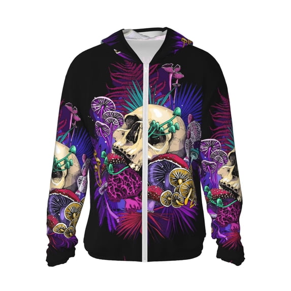 Kll Mushrooms And Skull Print Men'S Women’s Upf 50+ Sun Protection Outdoor Hoodie Jacket Long Sleeve Fishing Hiking Performance Shirt- Small