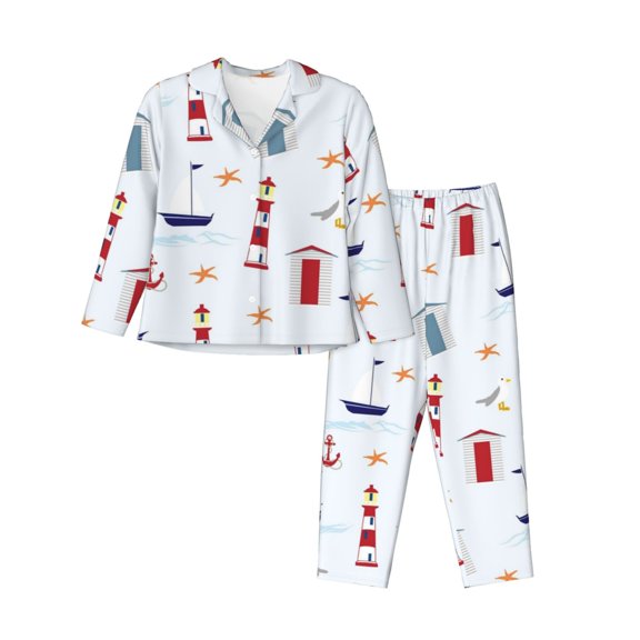 Kll Nautical Lighthouse Sailboat Print Women'S Long Sleeve Pajamas With Pants Sleepwear Loungewear 2 Set-X-Large