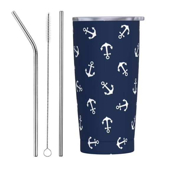 Kll Nautical Themed Simple Anchors Stainless Stainless Steel Vacuum Insulated Coffee Cup 20 Oz Lids And Straws,1 Metal Straws,1 Cleaning Brush
