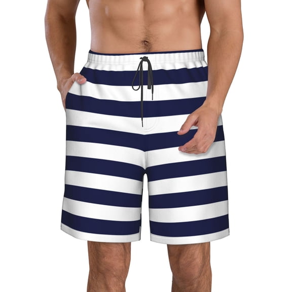 Kll Navy Blue And White Stripes Men'S Casual Summer Beach Shorts Hawaiian Shorts With Pockets-X-Large