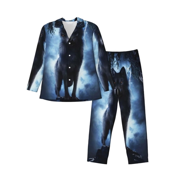 Kll Night Scene Of Wolves Sleepwear Mens Flannel Pajamas,Long Cotton Pj Set