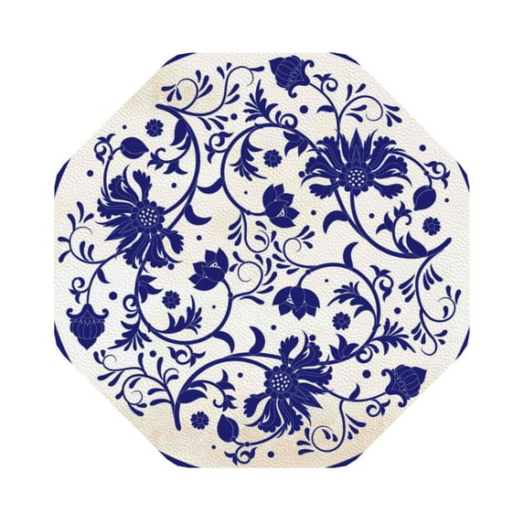 Kll Octagon Drink Coasters Set Of 4,Pu Leather Absorbent Coasters Set Decorative Coffee Cup Coasters Housewarming Gift For Home Decor-Blue And White Porcelain Pattern