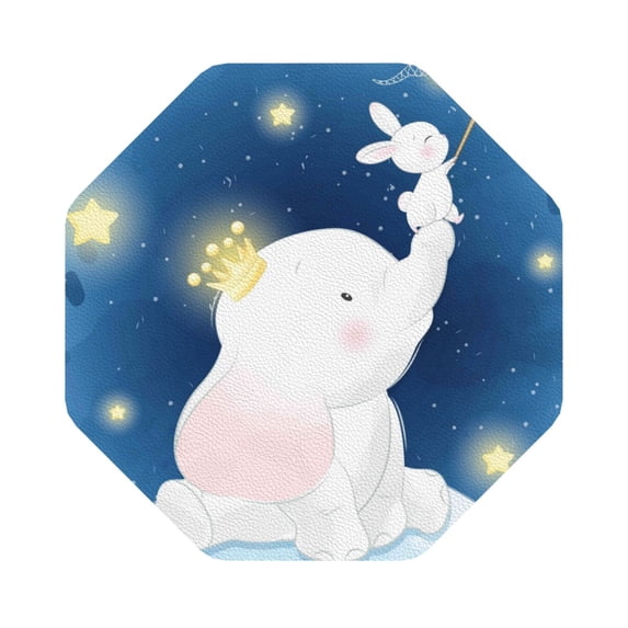 Kll Octagon Drink Coasters Set Of 4,Pu Leather Absorbent Coasters Set Decorative Coffee Cup Coasters Housewarming Gift For Home Decor-Cute Elephant Sitting In The Moon With Little Bunny