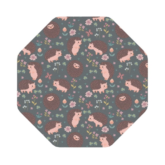 Kll Octagon Drink Coasters Set Of 4,Pu Leather Absorbent Coasters Set Decorative Coffee Cup Coasters Housewarming Gift For Home Decor-Hedgehogs And Flowers1