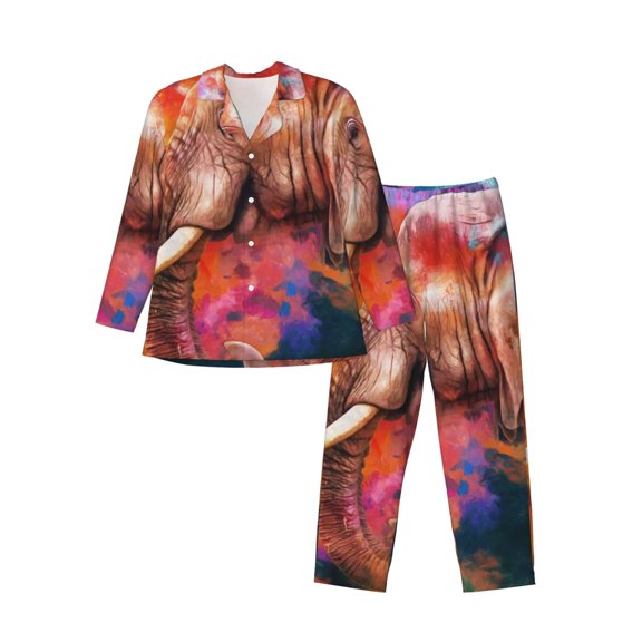 Kll Oil Paintings Of Elephants Sleepwear Mens Flannel Pajamas,Long Cotton Pj Set
