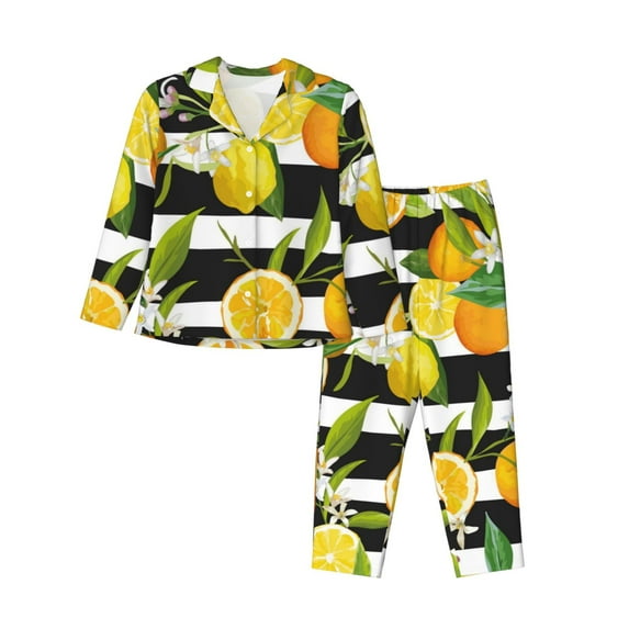 Kll Orange And Lemon Print Women'S Long Sleeve Pajamas With Pants Sleepwear Loungewear 2 Set-Large