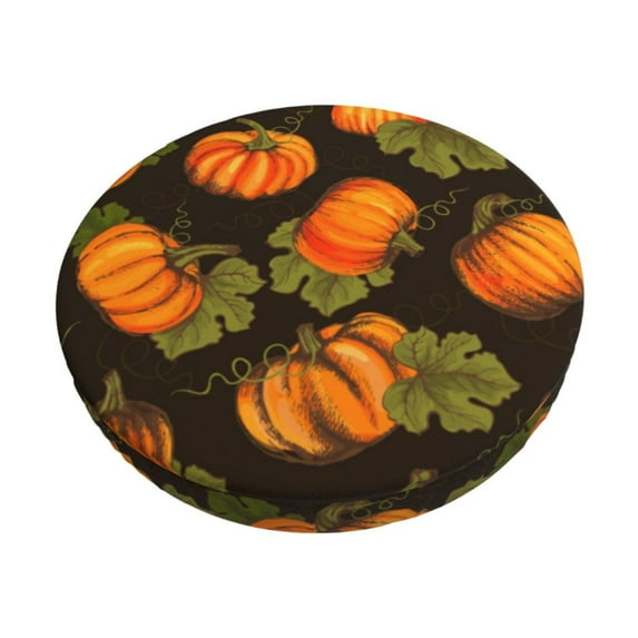 Kll Orange Pumpkin Autumn Maple Falling Leaves Round Bar Chair Cushion Cover 13 Inch,Bar Stool Protector With Elastic, Soft Washable