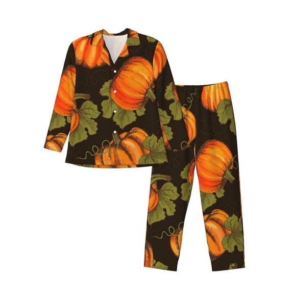 Kll Orange Pumpkin Sleepwear Mens Flannel Pajamas,Long Cotton Pj Set
