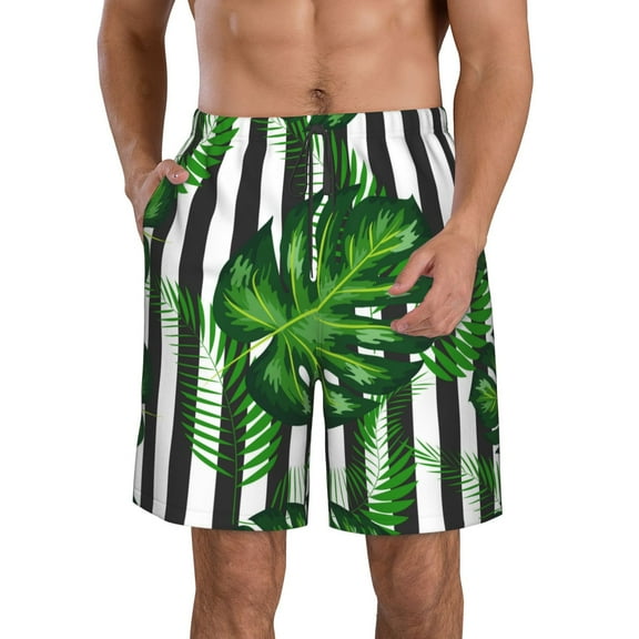 Kll Palm Greenery Men'S Casual Summer Beach Shorts Hawaiian Shorts With Pockets-Large