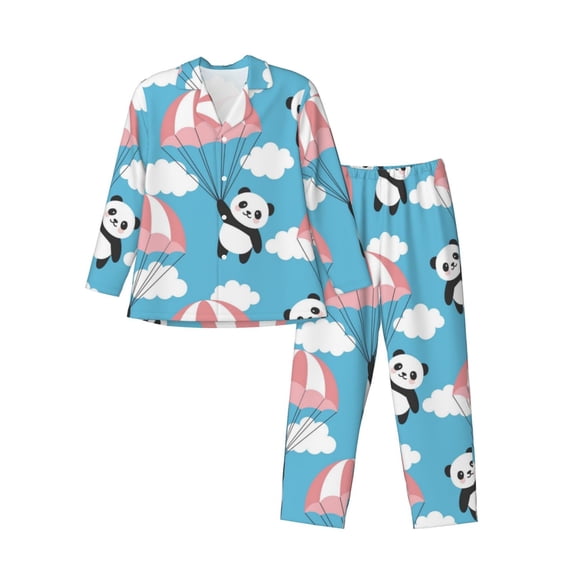 Kll Panda Flying In The Sky Sleepwear Mens Flannel Pajamas,Long Cotton Pj Set
